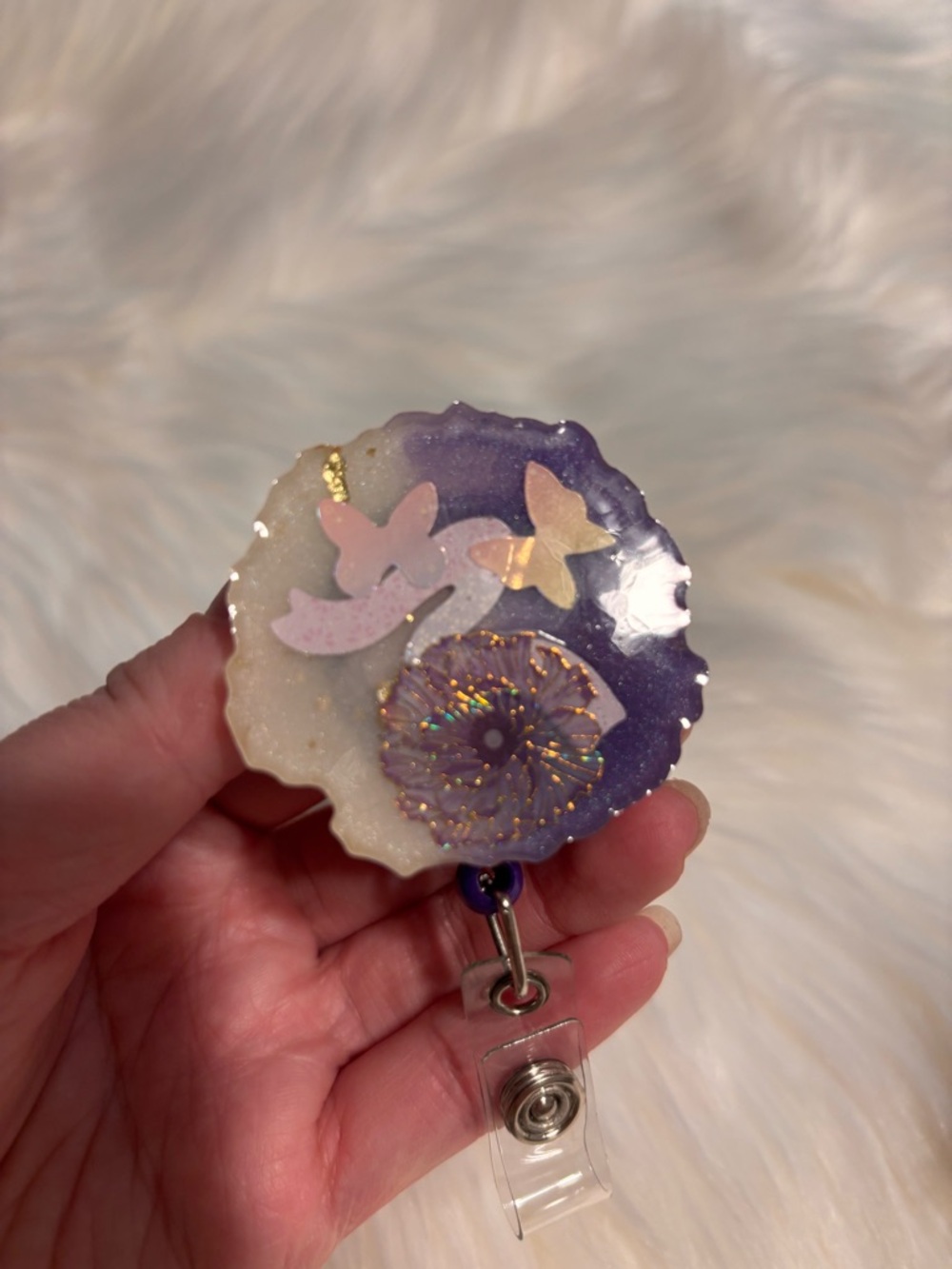 Handmade Purple & White Floral Resin Badge Reel